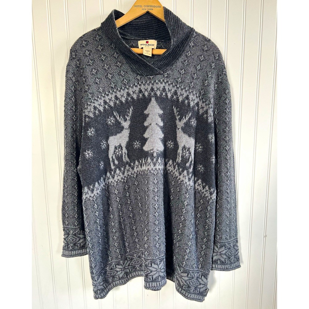 Woolrich Womens 2XL Gray Fair Isle Reindeer Jacquard Knit Turtleneck Pullover